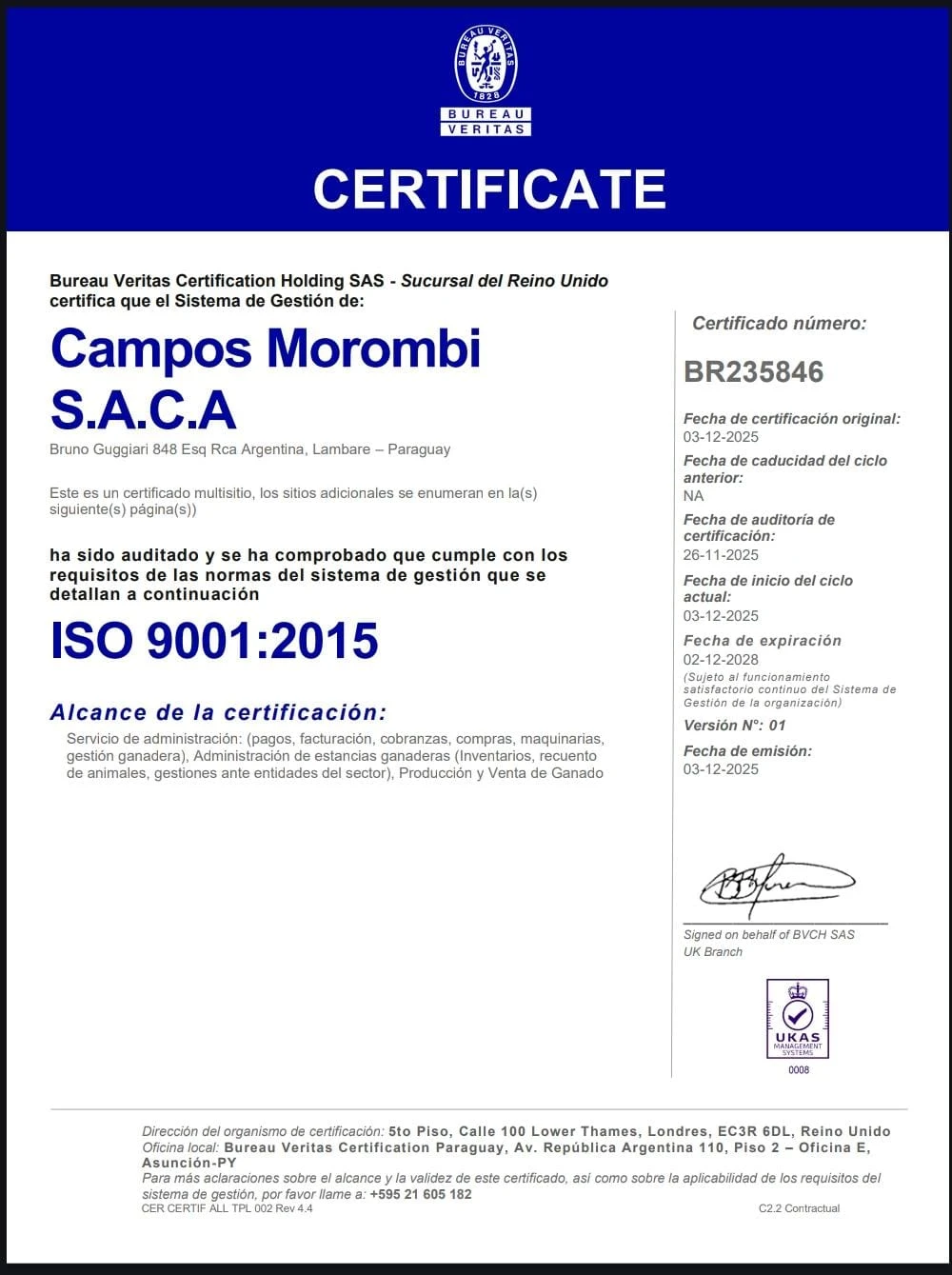 Campos Morombi S.A.C.A. obtiene la Certificación Internacional ISO 9001:2015
